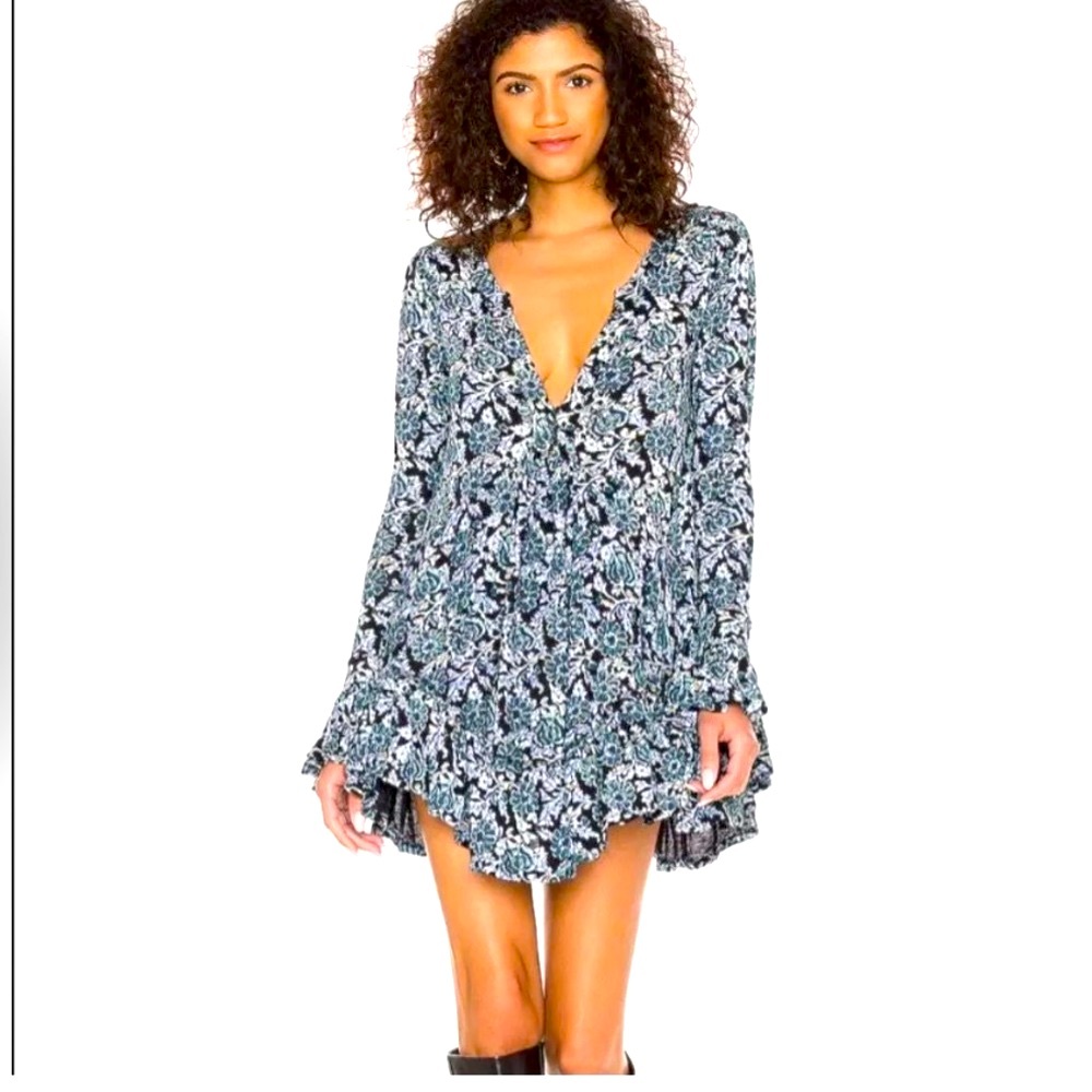 Free People Olivia Ruffle Tunic Dress in Deep Sea Combo Size Small